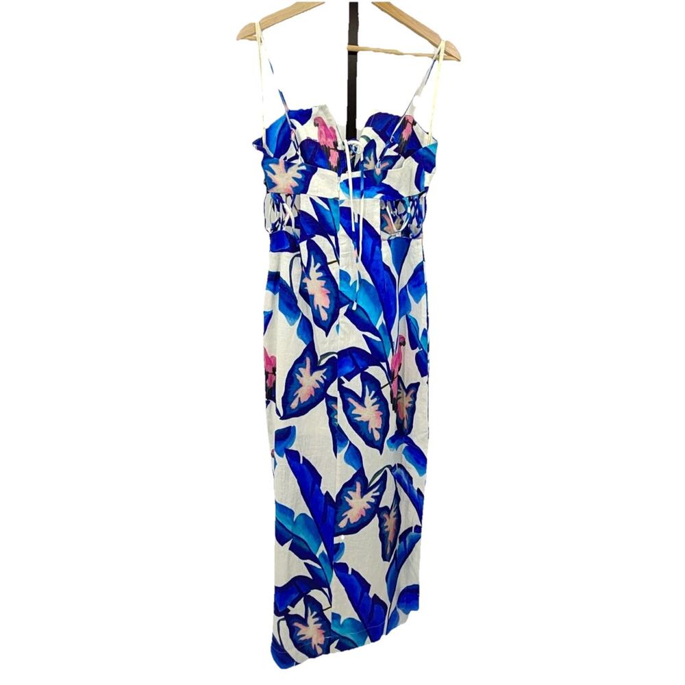 NWT FARM RIO Linen Foliage Maxi Dress Size S Blue White Floral Lace Details - Picture 6 of 13